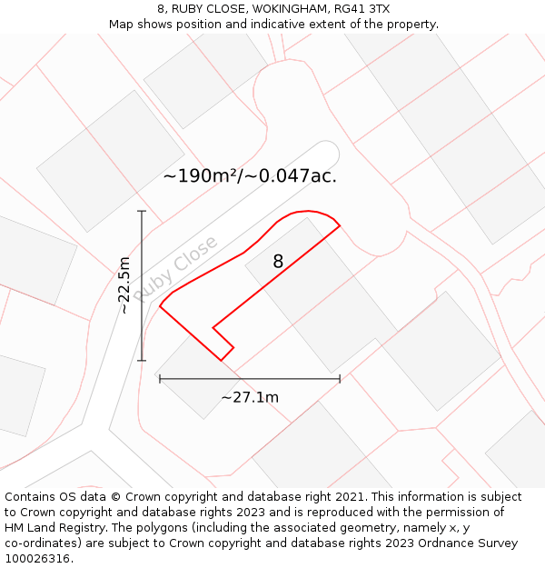 8, RUBY CLOSE, WOKINGHAM, RG41 3TX: Plot and title map
