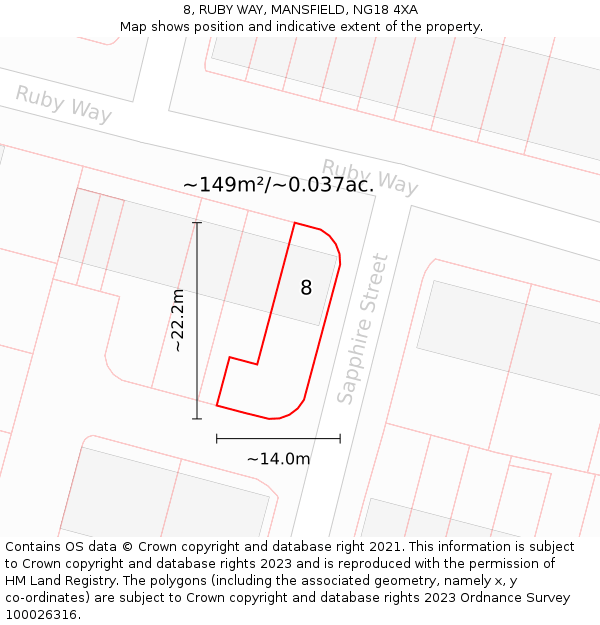 8, RUBY WAY, MANSFIELD, NG18 4XA: Plot and title map