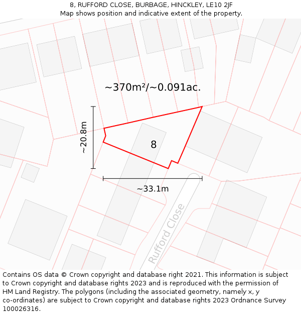 8, RUFFORD CLOSE, BURBAGE, HINCKLEY, LE10 2JF: Plot and title map