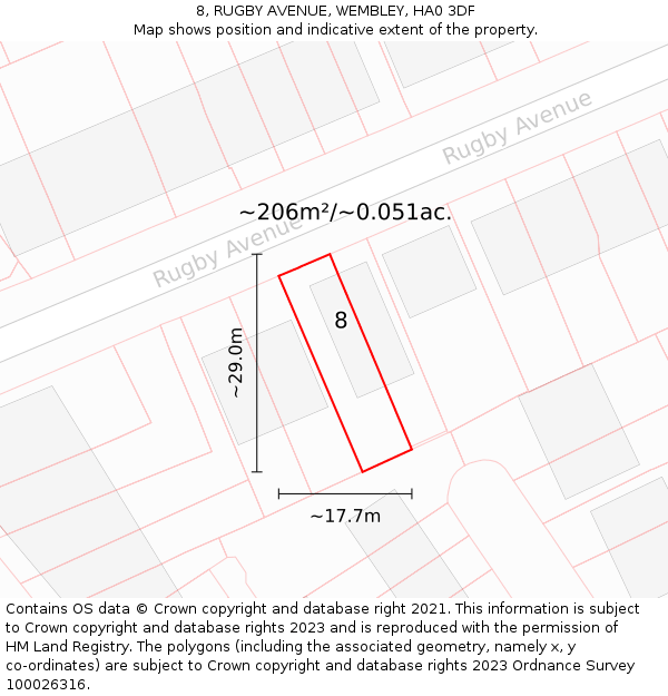 8, RUGBY AVENUE, WEMBLEY, HA0 3DF: Plot and title map
