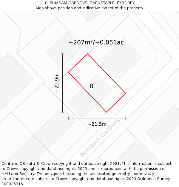 8, RUMSAM GARDENS, BARNSTAPLE, EX32 9EY: Plot and title map