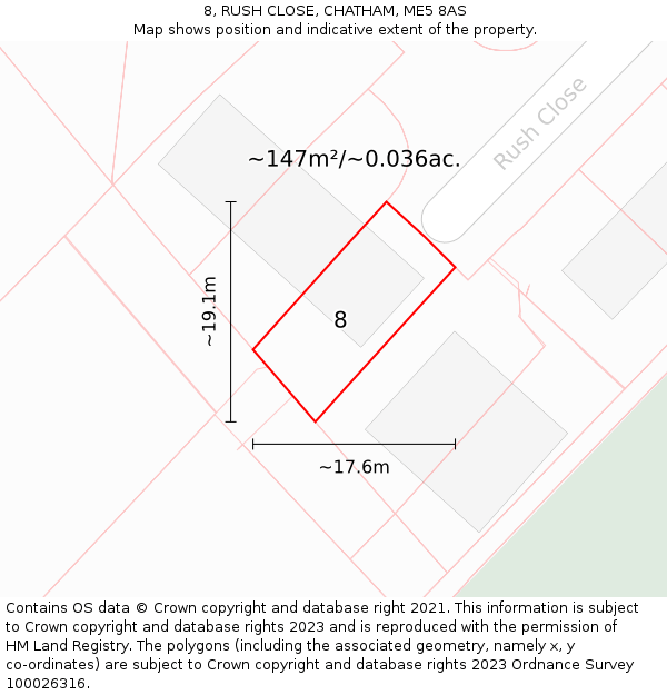 8, RUSH CLOSE, CHATHAM, ME5 8AS: Plot and title map