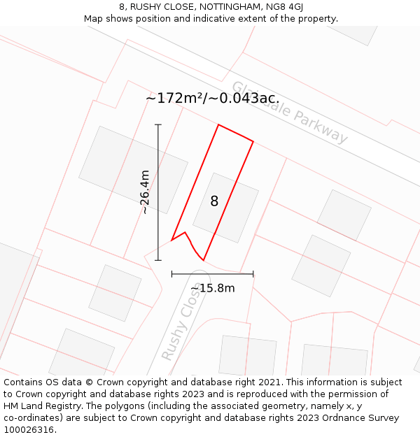 8, RUSHY CLOSE, NOTTINGHAM, NG8 4GJ: Plot and title map