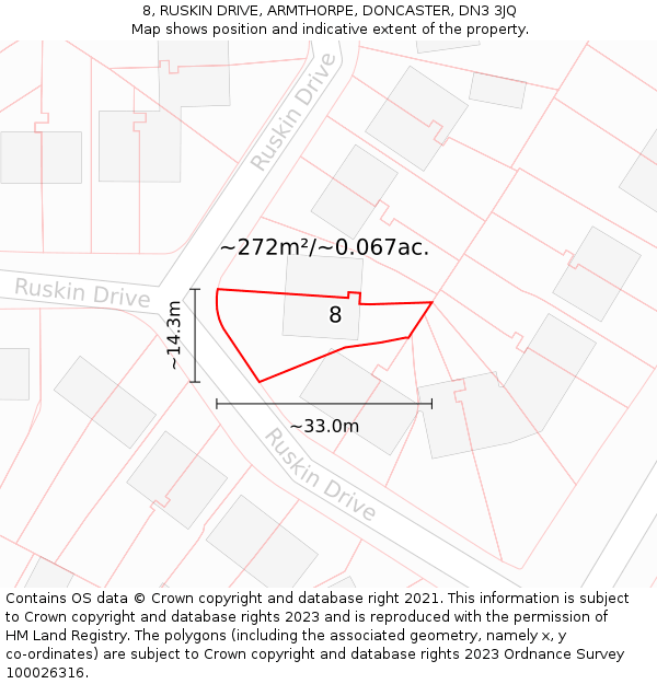 8, RUSKIN DRIVE, ARMTHORPE, DONCASTER, DN3 3JQ: Plot and title map