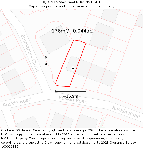 8, RUSKIN WAY, DAVENTRY, NN11 4TT: Plot and title map