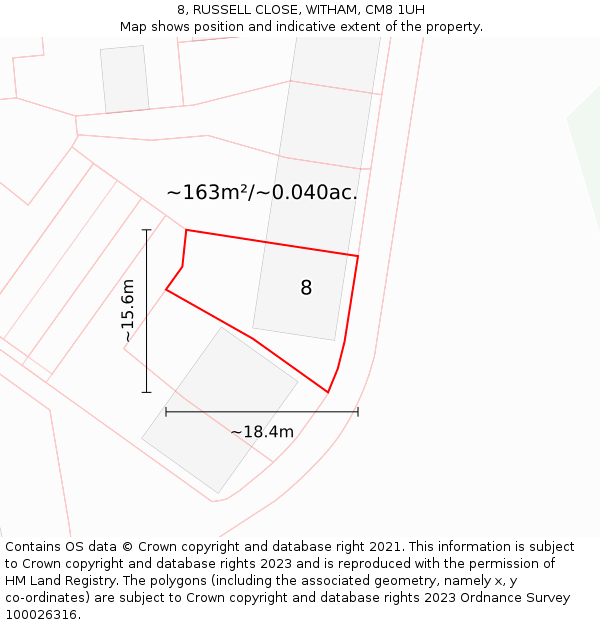 8, RUSSELL CLOSE, WITHAM, CM8 1UH: Plot and title map