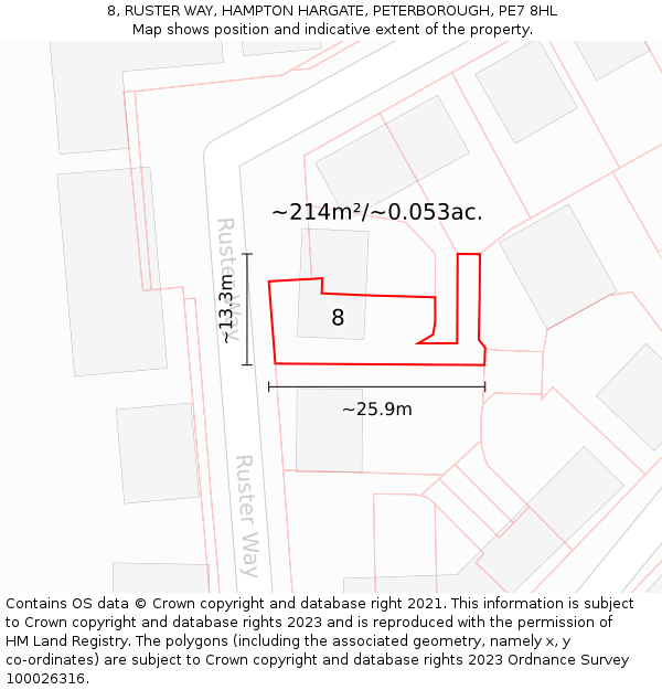 8, RUSTER WAY, HAMPTON HARGATE, PETERBOROUGH, PE7 8HL: Plot and title map