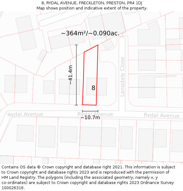 8, RYDAL AVENUE, FRECKLETON, PRESTON, PR4 1DJ: Plot and title map
