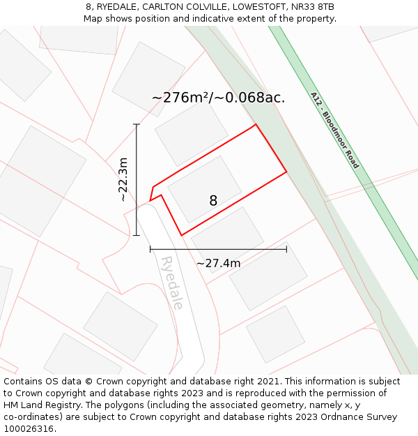 8, RYEDALE, CARLTON COLVILLE, LOWESTOFT, NR33 8TB: Plot and title map