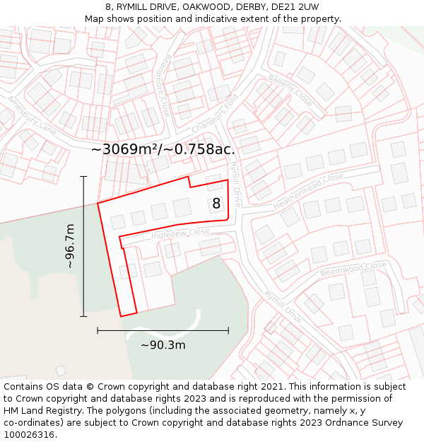 8, RYMILL DRIVE, OAKWOOD, DERBY, DE21 2UW: Plot and title map