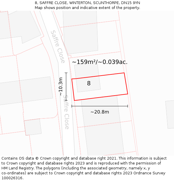 8, SAFFRE CLOSE, WINTERTON, SCUNTHORPE, DN15 9YN: Plot and title map