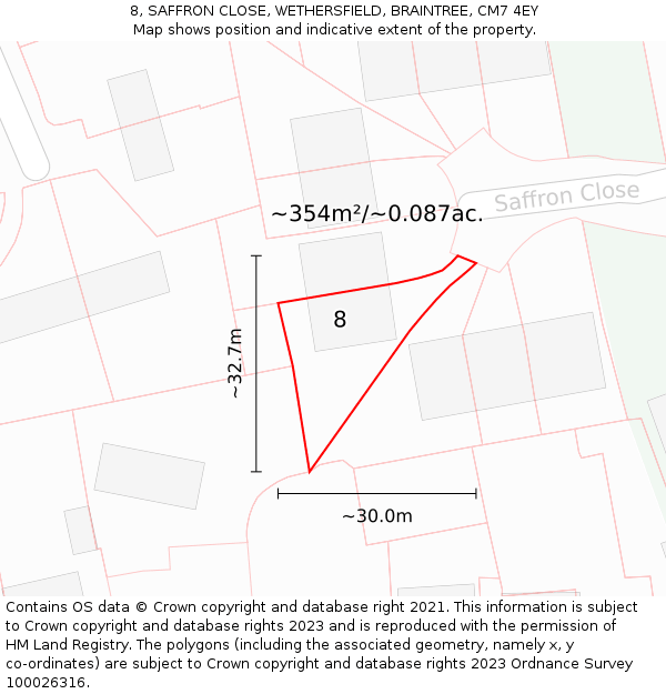 8, SAFFRON CLOSE, WETHERSFIELD, BRAINTREE, CM7 4EY: Plot and title map
