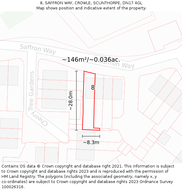 8, SAFFRON WAY, CROWLE, SCUNTHORPE, DN17 4GL: Plot and title map