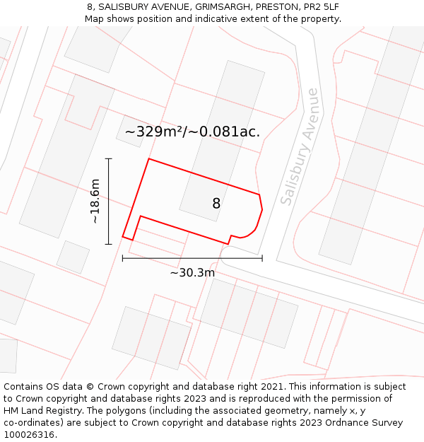 8, SALISBURY AVENUE, GRIMSARGH, PRESTON, PR2 5LF: Plot and title map