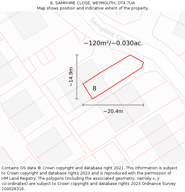 8, SAMPHIRE CLOSE, WEYMOUTH, DT4 7UA: Plot and title map