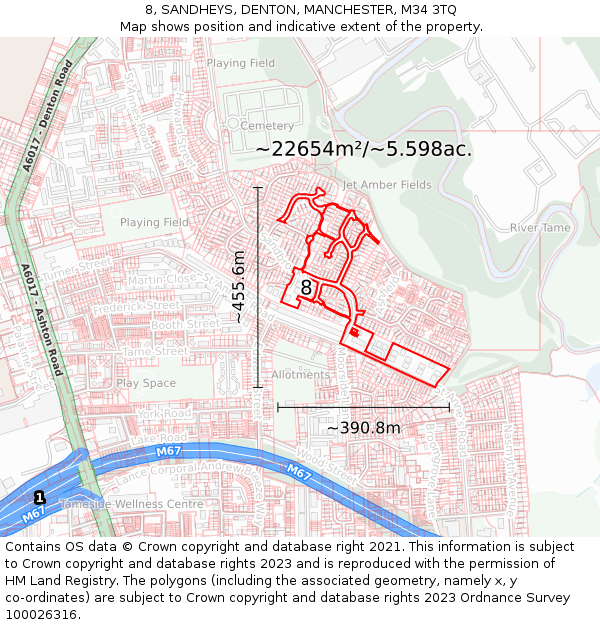 8, SANDHEYS, DENTON, MANCHESTER, M34 3TQ: Plot and title map