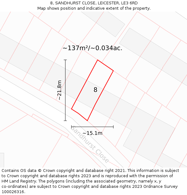 8, SANDHURST CLOSE, LEICESTER, LE3 6RD: Plot and title map