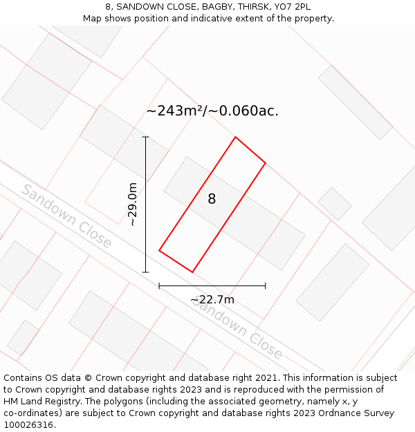 8, SANDOWN CLOSE, BAGBY, THIRSK, YO7 2PL: Plot and title map