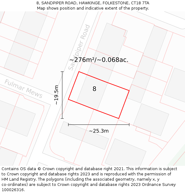 8, SANDPIPER ROAD, HAWKINGE, FOLKESTONE, CT18 7TA: Plot and title map
