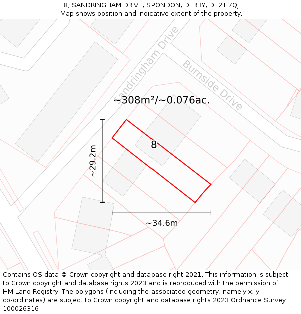 8, SANDRINGHAM DRIVE, SPONDON, DERBY, DE21 7QJ: Plot and title map