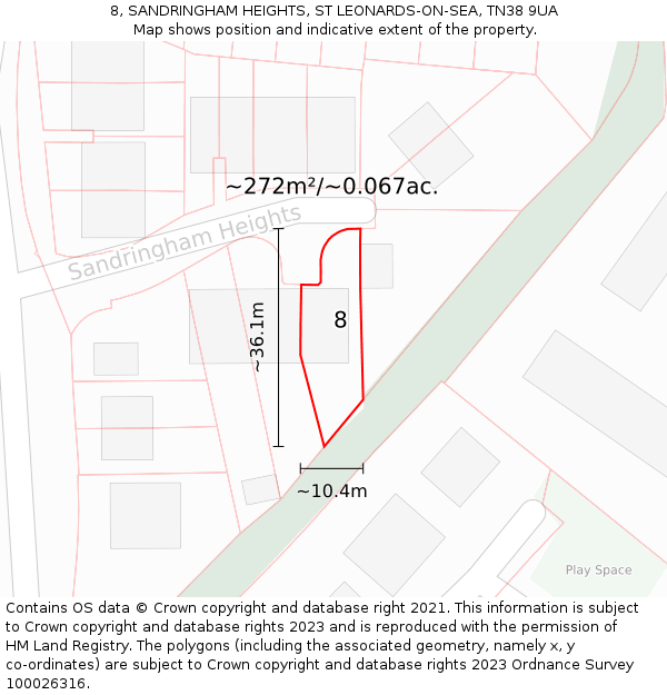 8, SANDRINGHAM HEIGHTS, ST LEONARDS-ON-SEA, TN38 9UA: Plot and title map