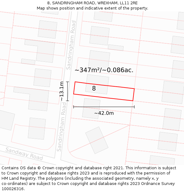 8, SANDRINGHAM ROAD, WREXHAM, LL11 2RE: Plot and title map