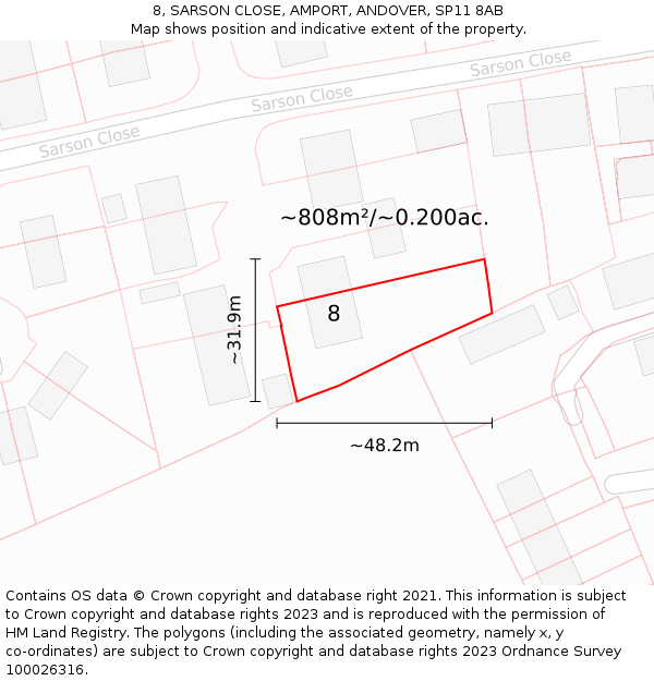 8, SARSON CLOSE, AMPORT, ANDOVER, SP11 8AB: Plot and title map