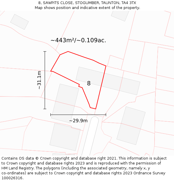 8, SAWPITS CLOSE, STOGUMBER, TAUNTON, TA4 3TX: Plot and title map