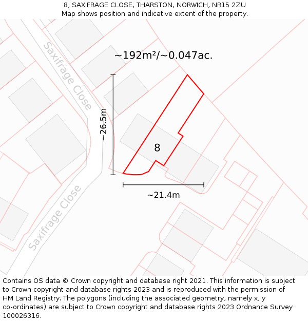 8, SAXIFRAGE CLOSE, THARSTON, NORWICH, NR15 2ZU: Plot and title map