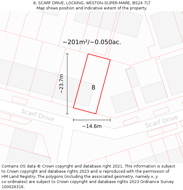 8, SCARF DRIVE, LOCKING, WESTON-SUPER-MARE, BS24 7LT: Plot and title map