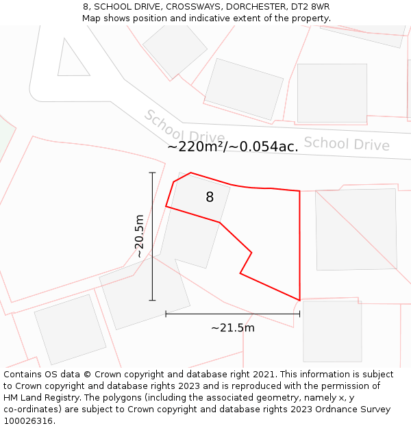8, SCHOOL DRIVE, CROSSWAYS, DORCHESTER, DT2 8WR: Plot and title map