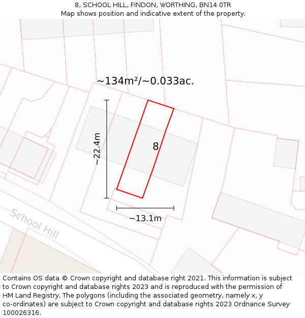 8, SCHOOL HILL, FINDON, WORTHING, BN14 0TR: Plot and title map