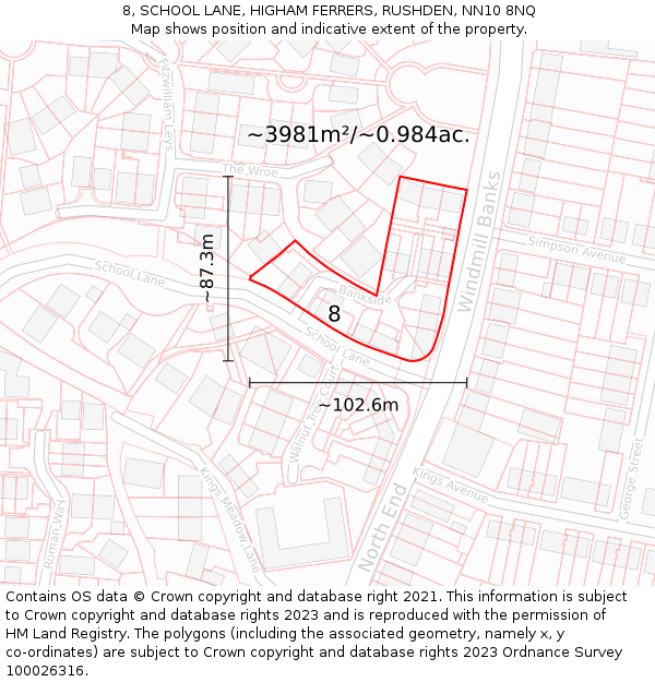 8, SCHOOL LANE, HIGHAM FERRERS, RUSHDEN, NN10 8NQ: Plot and title map