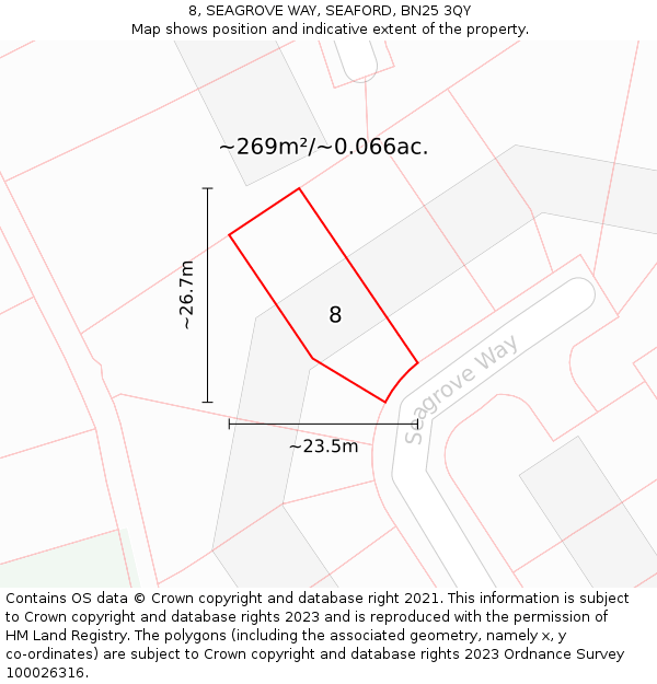 8, SEAGROVE WAY, SEAFORD, BN25 3QY: Plot and title map