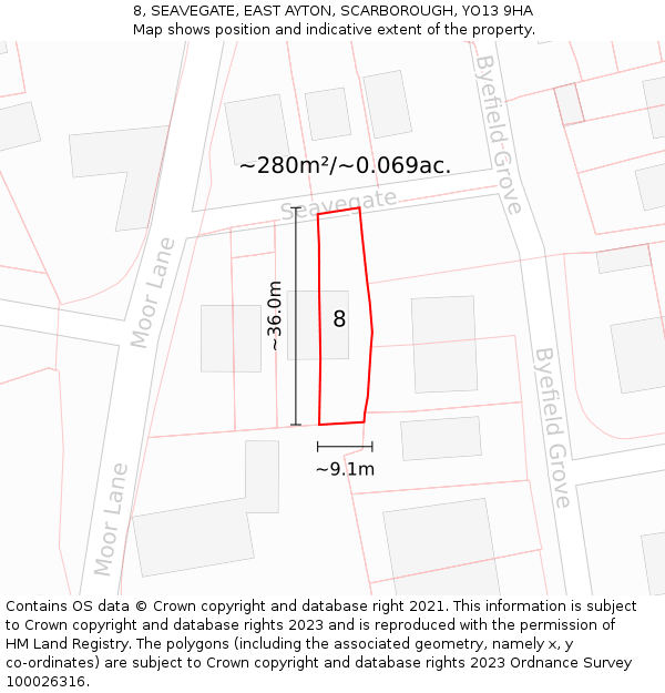 8, SEAVEGATE, EAST AYTON, SCARBOROUGH, YO13 9HA: Plot and title map