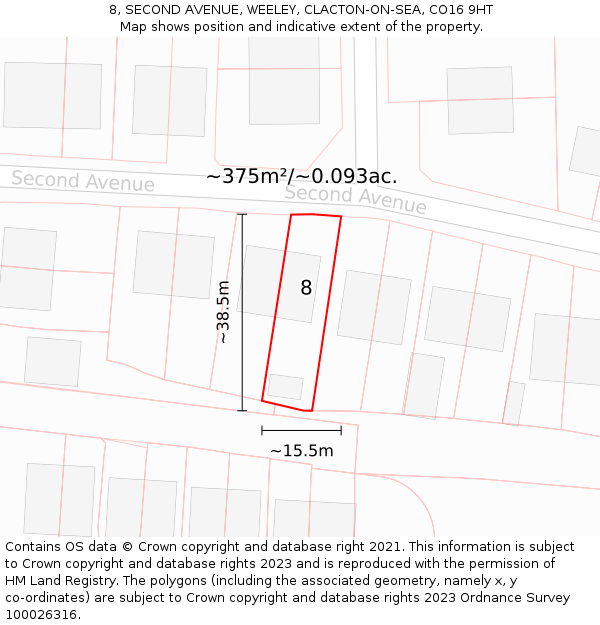 8, SECOND AVENUE, WEELEY, CLACTON-ON-SEA, CO16 9HT: Plot and title map