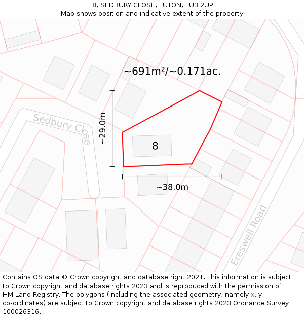 8, SEDBURY CLOSE, LUTON, LU3 2UP: Plot and title map