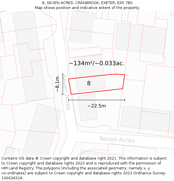 8, SEVEN ACRES, CRANBROOK, EXETER, EX5 7BX: Plot and title map
