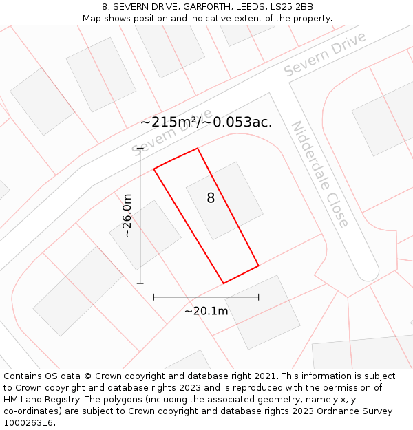 8, SEVERN DRIVE, GARFORTH, LEEDS, LS25 2BB: Plot and title map