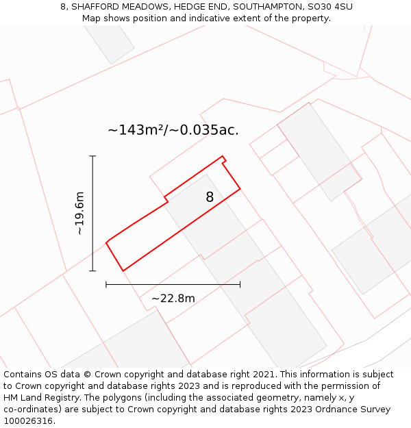 8, SHAFFORD MEADOWS, HEDGE END, SOUTHAMPTON, SO30 4SU: Plot and title map