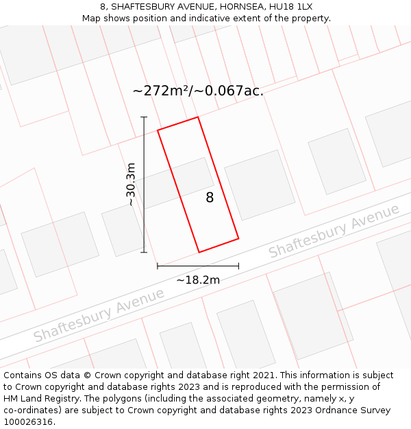 8, SHAFTESBURY AVENUE, HORNSEA, HU18 1LX: Plot and title map