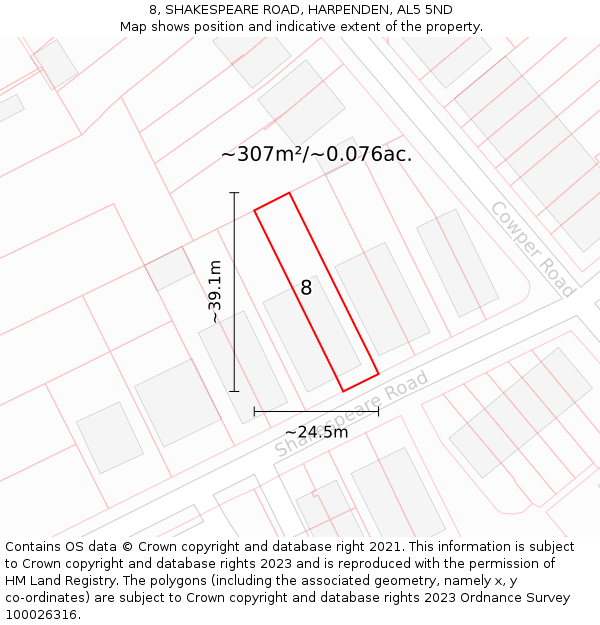 8, SHAKESPEARE ROAD, HARPENDEN, AL5 5ND: Plot and title map