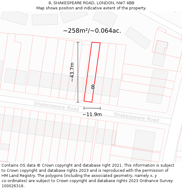 8, SHAKESPEARE ROAD, LONDON, NW7 4BB: Plot and title map
