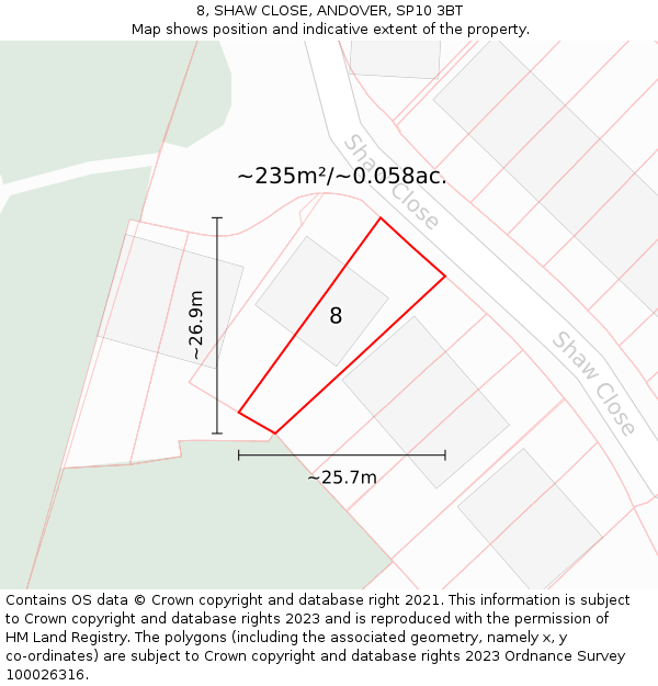 8, SHAW CLOSE, ANDOVER, SP10 3BT: Plot and title map