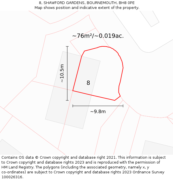 8, SHAWFORD GARDENS, BOURNEMOUTH, BH8 0PE: Plot and title map
