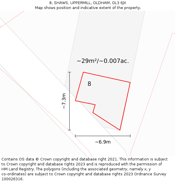 8, SHAWS, UPPERMILL, OLDHAM, OL3 6JX: Plot and title map