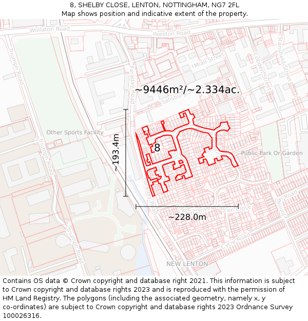 8, SHELBY CLOSE, LENTON, NOTTINGHAM, NG7 2FL: Plot and title map