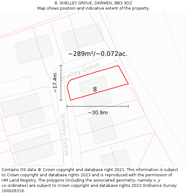 8, SHELLEY GROVE, DARWEN, BB3 3DZ: Plot and title map