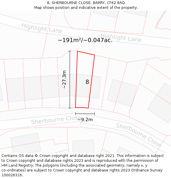 8, SHERBOURNE CLOSE, BARRY, CF62 8AQ: Plot and title map