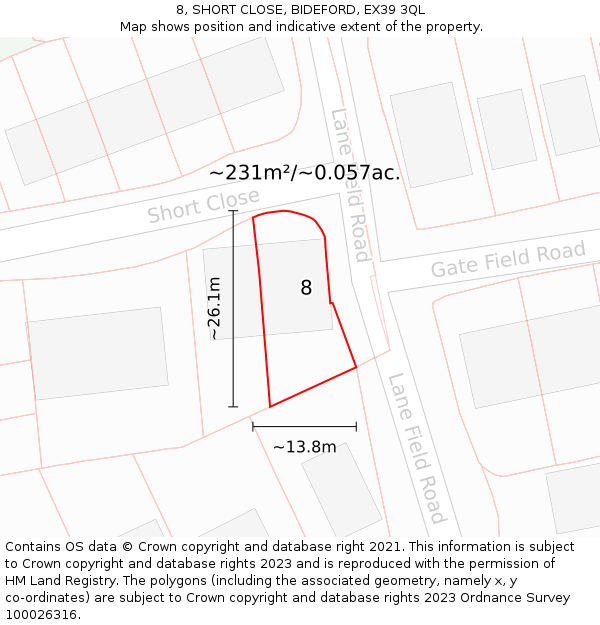 8, SHORT CLOSE, BIDEFORD, EX39 3QL: Plot and title map
